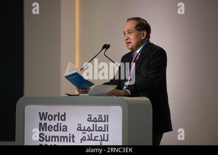 World Media Summit, WMS, in Doha (160320) -- DOHA, March 20, 2016 -- N. Ram, chairman and publisher of The Hindu Group, speaks during the opening ceremony of World Media Summit (WMS) 2016 in Doha, capital of Qatar, March 20, 2016. Over 350 delegates of media outlets from 100 countries gathered in the Qatari capital of Doha on Sunday for the World Media Summit (WMS) 2016. ) QATAR-DOHA-WMS-OPENING MengxTao PUBLICATIONxNOTxINxCHN   World Media Summit Zurückzuwerben WMS in Doha  Doha March 20 2016 n RAM Chairman and Publisher of The Hindu Group Speaks during The Opening Ceremony of World Media Sum Stock Photo