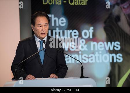 (160320) -- DOHA, March 20, 2016 -- Cai Mingzhao, executive president of the World Media Summit (WMS) and president of Xinhua News Agency delivers a speech at the opening session of the WMS 2016 in Doha, Qatar, March 20, 2016. Cai Mingzhao, executive president of the World Media Summit (WMS) and president of Xinhua News Agency, put forward three proposals at the opening session of the WMS 2016 here on Sunday to help WMS mechanism play a larger role in the future. ) QATAR-DOHA-WMS-XINHUA-PRESIDENT-PROPOSAL MengxTao PUBLICATIONxNOTxINxCHN   Doha March 20 2016 Cai Mingzhao Executive President of Stock Photo