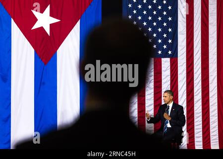 U.S. President Barack Obama gestures at the Cuba-U.S. business forum in Havana, capital of Cuba, March 21, 2016. Barack Obama arrived here Sunday afternoon for a three-day visit.  CUBA-HAVANA-U.S. PRESIDENT-BUSINESS FORUM LiuxBin PUBLICATIONxNOTxINxCHN Stock Photo