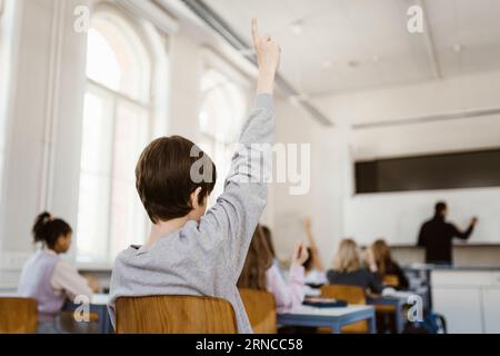 Boy raising hand in classroom Stock Photo - Alamy