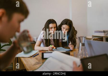 Young female friends reading while studying together at table Stock Photo