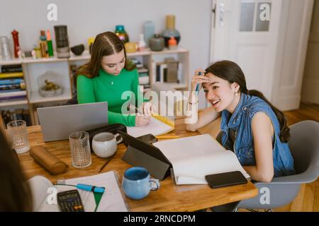 Smiling young woman sitting by friend studying at home Stock Photo