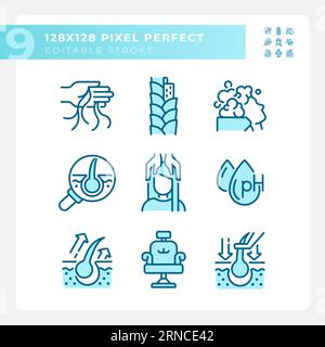 Editable pixel perfect blue haircare line icons Stock Vector