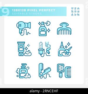 Editable 2D blue haircare icons collection Stock Vector