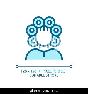 Customizable woman with rollers on head thin linear blue icon Stock Vector