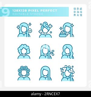 Editable pixel perfect blue haircare line icons Stock Vector