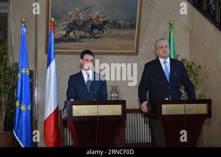 (160410) -- ALGIERS, April 10, 2016 () -- French Prime Minister Manuel Valls (L) and Algerian Prime Minister Abdelmalek Sellal attend a press conference in Algiers, Algeria on April 10, 2016. Algeria and France signed nine cooperation agreements Sunday in several fields during French Prime Minister Manuel Valls s visit to Algeria. () ALGERIA-ALGIERS-FRANCE-ECONOMIC TIES-BOOST Xinhua PUBLICATIONxNOTxINxCHN   160410 Algiers April 10 2016 French Prime Ministers Manuel Valls l and Algerian Prime Ministers Abdelmalek Sellal attend a Press Conference in Algiers Algeria ON April 10 2016 Algeria and F Stock Photo