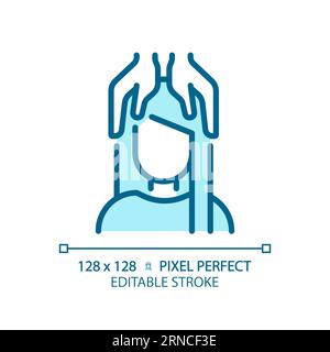 Customizable woman with head massage thin line blue icon Stock Vector