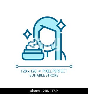 Customizable woman with hair foam thin line blue icon Stock Vector