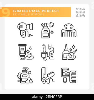 Editable 2D black haircare icons collection Stock Vector