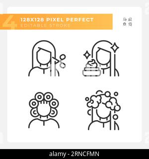 Collection of editable pixel perfect haircare black icons Stock Vector
