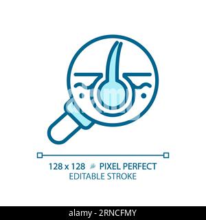 Customizable magnifying follicle thin linear blue icon Stock Vector