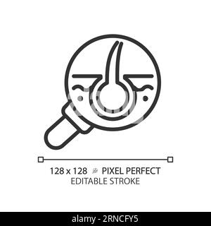 Editable magnifying follicle thin linear black icon Stock Vector