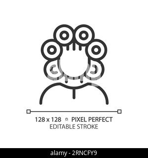 Editable woman with rollers on head thin linear black icon Stock Vector