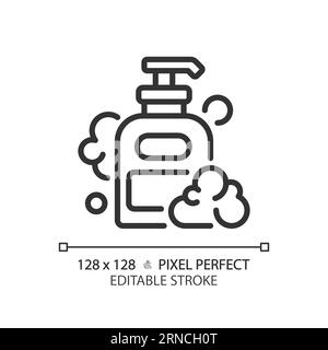 Editable shampoo bottle thin linear black icon Stock Vector