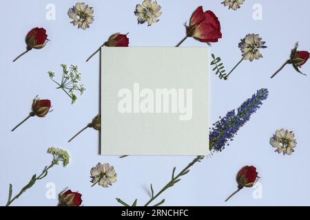 a pattern of pressed dried flowers with an empty golden card Stock Photo