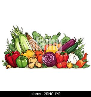 A Bunch Of Different Vegetables Are Placed On A White Background, In The Style Of Vibrant Cartoonish, Elaborate Borders, Bold Colors, Strong Lines Stock Vector