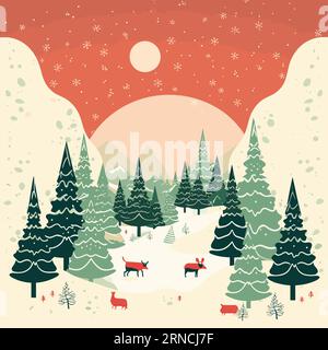 Santa In The Forest Vector Illustration, In The Style Of Mid-Century Illustration, Richly Colored Skies, Red And Cyan, Soft, Romantic Landscapes Stock Vector