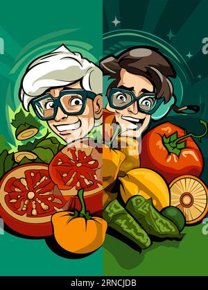 A Big Pile Of Vegetables With Two Boys On A Green Background In The Style Of Expressionist Imagery, Bold Graphic Design, Pop Art Stock Vector