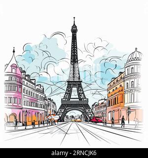 A Sketch Of The Eiffel Tower At Paris, In The Style Of Colorful Street Scenes, Color Gradients, Sky-Blue And Magenta, Monochromatic Landscapes, Light Stock Vector