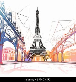 A Hand Drawn Portrait Of Paris Featuring The Eiffel Tower, In The Style Of Colorful Gradients, Fantastical Street, Wide Angle Lens, Romantic Landscape Stock Vector