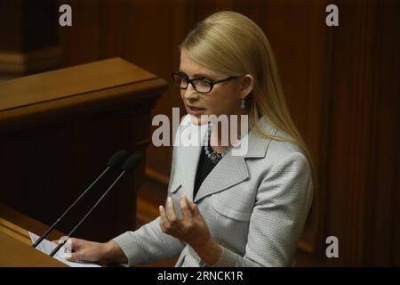 (160414) -- KIEV, April 14, 2016 () -- Former Ukrainian Prime Minister and leader of the Fatherland party Yulia Tymoshenko speaks at a parliament session in Kiev, Ukraine on April 14, 2016. The Ukrainian parliament approved the formation of a new cabinet on Thursday following a replacement of the prime minister.() UKRAINE-KIEV-NEW CABINET-PARLIAMENT-APPROVAL Xinhua PUBLICATIONxNOTxINxCHN   160414 Kiev April 14 2016 Former Ukrainian Prime Ministers and Leader of The Fatherland Party Yulia Tymoshenko Speaks AT a Parliament Session in Kiev Ukraine ON April 14 2016 The Ukrainian Parliament Approve Stock Photo