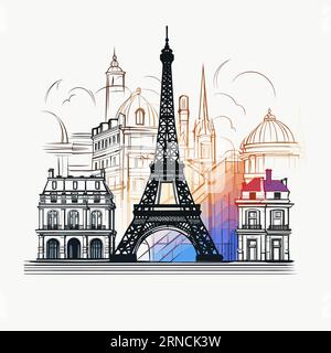 Paris France And Europe With Eiffel Tower And Buildings, In The Style Of Elegant Outlines, Light Gray And Amber, Colorful Drawings, Architectural Draw Stock Vector