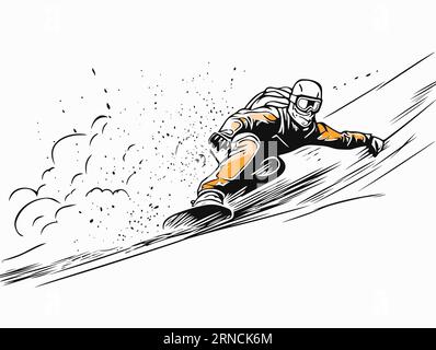 A Hand Drawn Image Of A Snowboarder On A Hill, In The Style Of High-Angle, White And Amber, Grit And Grain, 3840X2160, Trenchcore, High Speed Sync, Li Stock Vector