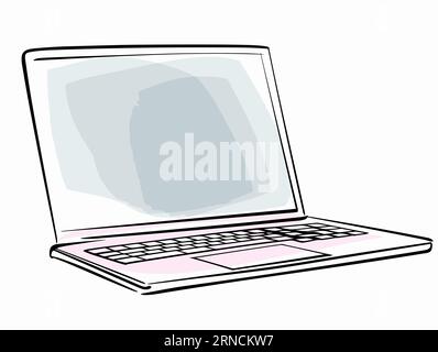 Image Of An Empty Laptop On A White Background, In The Style Of Light Pink And Gray, Simple Line Work, Shiny/Glossy, Hand-Drawn Stock Vector