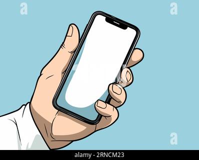 Hand Holding A Phone And Showing The Screen, In The Style Of Comic Art, Light Navy And Cyan, Cartoon Realism Stock Vector
