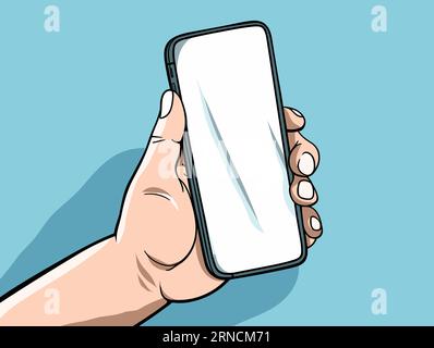 Hand Holds Smartphone Screen In Transparent Window, In The Style Of Pop Art Cartoonish Illustration, Light Blue And White, Smooth Surfaces Stock Vector