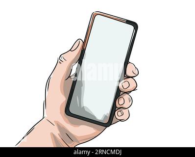 Hand Holding Phone And Blank White Screen Vectorbp, In The Style Of Characteristic Comic Book Art, Referential Painting, Detailed Shading Stock Vector