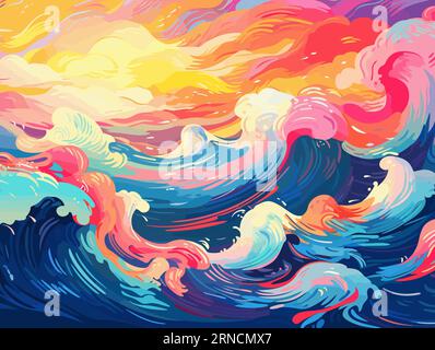 Cartoon Ocean Waves With Clouds In A Sunset Ocean Style Artwork Ocean Background Art Illustration Stock Vector, In The Style Of Vibrant Palette Knife, Stock Vector