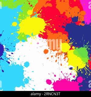 Colorful Ink Splashed On The Red Background, In The Style Of Brightly Colored Graffiti-Esque, Dark Sky-Blue And Light Yellow Stock Vector