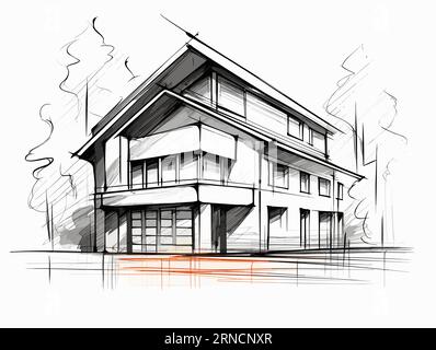 House Architecture Sketch Vector Illustration, In The Style Of High Dynamic Range, Dark White And Orange, Soft Edges And Blurred Details Stock Vector