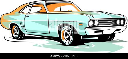 Classic Car Retro Illustration With An Orange And Blue Color Palette, In The Style Of Light Green And White, Free-Flowing Lines, Character Caricatures Stock Vector