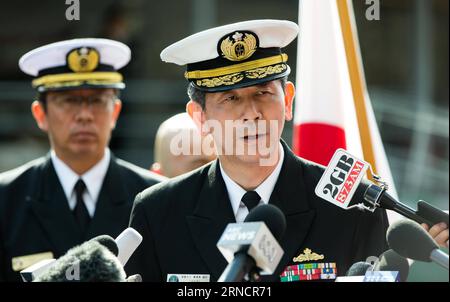 (160419) -- SYDNEY, April 19, 2016 -- Rear Admiral Ryo Sakai (R), Commander of Fleet Escort Force of Japanese Maritime Self-Defence Force, speaks to media in Sydney, Australia, April 19, 2016. Australia and Japan kicked off on Tuesday a joint maritime exercise in Sydney. ) AUSTRALIA-SYDNEY-JAPAN-MARITIME EXERCISE MatthewxBurgess PUBLICATIONxNOTxINxCHN   160419 Sydney April 19 2016 Rear Admiral Ryo Sakai r Commander of Fleet Escort Force of Japanese Maritime Self Defence Force Speaks to Media in Sydney Australia April 19 2016 Australia and Japan kicked off ON Tuesday a Joint Maritime EXERCISE i Stock Photo