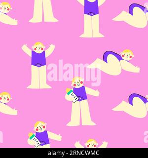 Seamless pattern with playful child baby character on pink background. Nursery pattern with cute cartoon baby character. Vector illustration Stock Vector