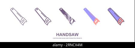 Vector set of realistic hacksaw icons. Saw for garden. handsaw illustration, metal, wood and aerated concrete. vector illustration. Stock Vector