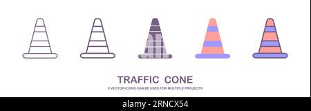 Road cone orange and striped, realistic flat vector illustration isolated on white background. Traffic cone as sign of construction work Stock Vector