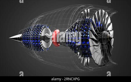 Wireframe turbofan jet engine isolated on blue background. 3D rendering ...