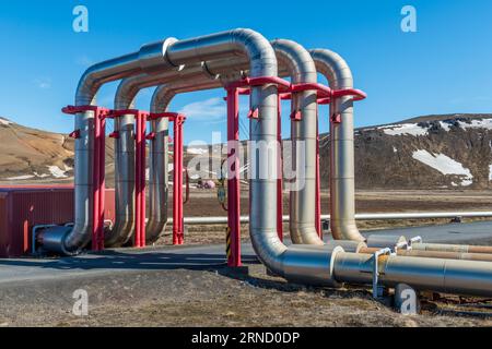 Near Myvatn, north-east Iceland. Insulated pipes carry high pressure steam from volcanic boreholes over a road to the Krafla geothermal power plant Stock Photo