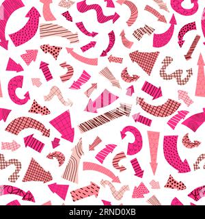 Seamless pattern with pink arrows on white background. Vector illustration with hand drawn decorative shape pointer for design, decorating, wallpaper, Stock Vector