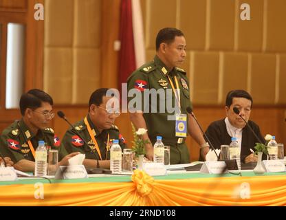 (160427) -- NAY PYI TAW, April 27, 2016 -- Lieutenant General Yar Pyae (2nd R), chairman of the Joint Monitoring Committee (JMC) for Ceasefire, speaks at the JMC meeting in Nay Pyi Taw, Myanmar, April 27, 2016. Participants of Myanmar s Joint Monitoring Committee (JMC) for Ceasefire Wednesday proposed to rename the Myanmar Peace Center, which has been working for the country s peace process, to National Reconciliation and Peace Center (NRPC). The participants also proposed to appoint Tin Myo Win, personal doctor of State Counselor Aung San Suu Kyi, as the new peace mediator. ) (djj) MYANMAR-NA Stock Photo