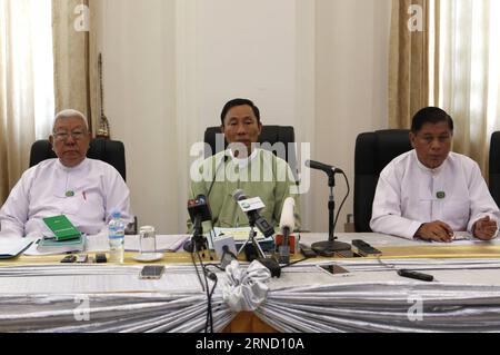 (160427) -- NAY PYI TAW, April 27, 2016 -- U Shwe Mann (C), currently chairman of the new Parliament s Legal Affairs and Special Cases Assessment Commission and former chairman of Myanmar s former ruling party, the Union Solidarity and Development Party (USDP) as well as former speaker of the Union Parliament and House of Representatives (Lower House), speaks to the media during a press conference in Nay Pyi Taw, Myanmar, April 27, 2016. Sacked senior members of Myanmar s former ruling party USDP, issued an announcement Wednesday calling for cooperation to work for the emergence of a democrati Stock Photo