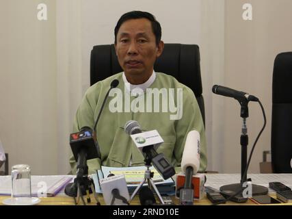 (160427) -- NAY PYI TAW, April 27, 2016 -- U Shwe Mann, currently chairman of the new Parliament s Legal Affairs and Special Cases Assessment Commission and former chairman of Myanmar s former ruling party, the Union Solidarity and Development Party (USDP) as well as former speaker of the Union Parliament and House of Representatives (Lower House), speaks to the media during a press conference in Nay Pyi Taw, Myanmar, April 27, 2016. Sacked senior members of Myanmar s former ruling party USDP, issued an announcement Wednesday calling for cooperation to work for the emergence of a democratic sy Stock Photo