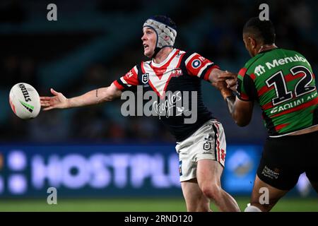 Sydney, Australia. 01st Sep, 2023. Tolutau Koula of the Sea Eagles on his  way to scoring a try during the NRL Round 27 match between the Manly  Warringah Sea Eagles and the