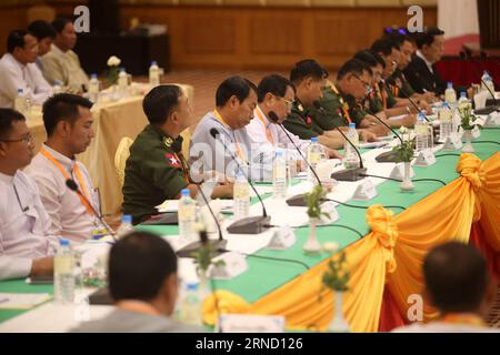 (160427) -- NAY PYI TAW, April 27, 2016 -- Participants of Myanmar s Joint Monitoring Committee (JMC) for Ceasefire attends the JMC meeting in Nay Pyi Taw, Myanmar, April 27, 2016. Participants of Myanmar s Joint Monitoring Committee (JMC) for Ceasefire Wednesday proposed to rename the Myanmar Peace Center, which has been working for the country s peace process, to National Reconciliation and Peace Center (NRPC). The participants also proposed to appoint Tin Myo Win, personal doctor of State Counselor Aung San Suu Kyi, as the new peace mediator. ) (djj) MYANMAR-NAY PYI TAW-JMC-MEETING UxAung P Stock Photo