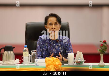 (160427) -- NAY PYI TAW, April 27, 2016 -- Myanmar State Counselor Aung San Suu Kyi speaks at a meeting of the Joint Monitoring Committee (JMC) for Ceasefire in Nay Pyi Taw, Myanmar, April 27, 2016. Participants of Myanmar s Joint Monitoring Committee (JMC) for Ceasefire Wednesday proposed to rename the Myanmar Peace Center, which has been working for the country s peace process, to National Reconciliation and Peace Center (NRPC). The participants also proposed to appoint Tin Myo Win, personal doctor of State Counselor Aung San Suu Kyi, as the new peace mediator. ) (djj) MYANMAR-NAY PYI TAW-JM Stock Photo