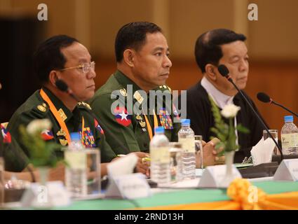 (160427) -- NAY PYI TAW, April 27, 2016 -- Lieutenant General Yar Pyae (C), chairman of the Joint Monitoring Committee (JMC) for Ceasefire, attends the JMC meeting in Nay Pyi Taw, Myanmar, April 27, 2016. Participants of Myanmar s Joint Monitoring Committee (JMC) for Ceasefire Wednesday proposed to rename the Myanmar Peace Center, which has been working for the country s peace process, to National Reconciliation and Peace Center (NRPC). The participants also proposed to appoint Tin Myo Win, personal doctor of State Counselor Aung San Suu Kyi, as the new peace mediator. ) (djj) MYANMAR-NAY PYI Stock Photo